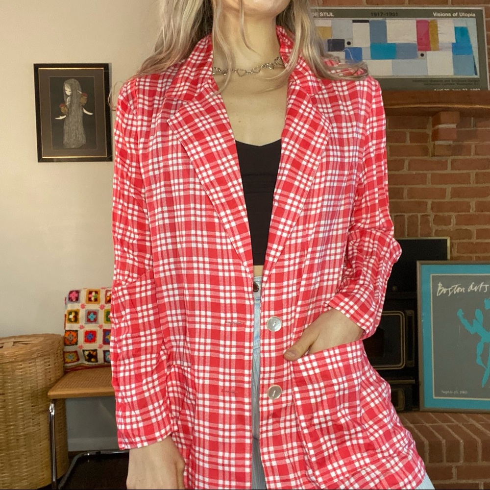 Vintage 80s IVY Lightweight Oversized Windowpane Plaid Unlined Pocket Bl… - Picture 6 of 15